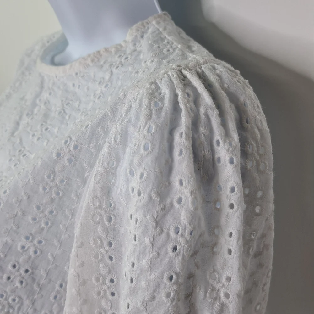 ASOS New Look Broderie 3/4 Puff Sleeve Blouse in White Size 2